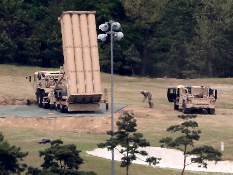 The US missile defense system called Terminal High Altitude Area Defense, or THAAD, is installed at a golf course in Seongju, South Korea, Tuesday, May 2, 2017 (Kim Jun-beom/Yonhap via AP)